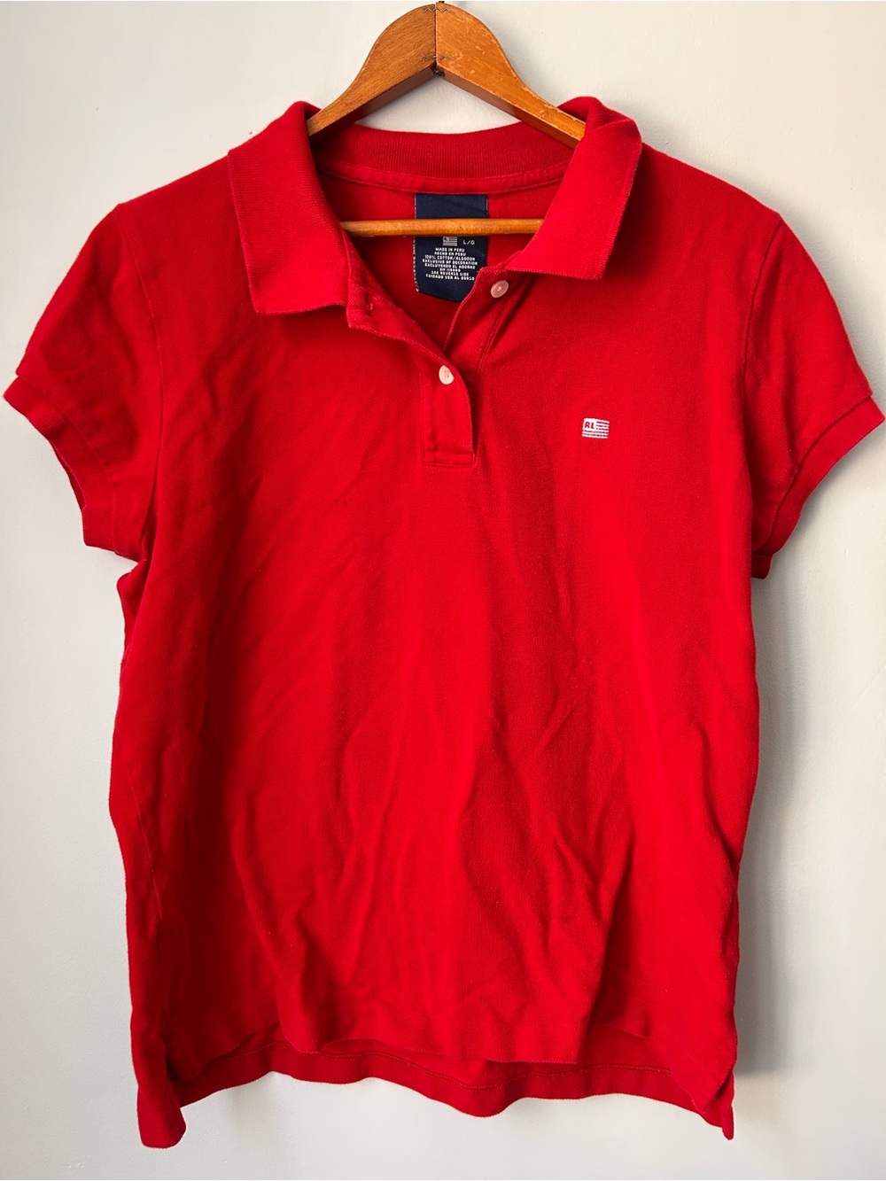 Vintage Polo Jeans Co Ralph Lauren‎ Women's LG Red Polo Shirt USA Flag